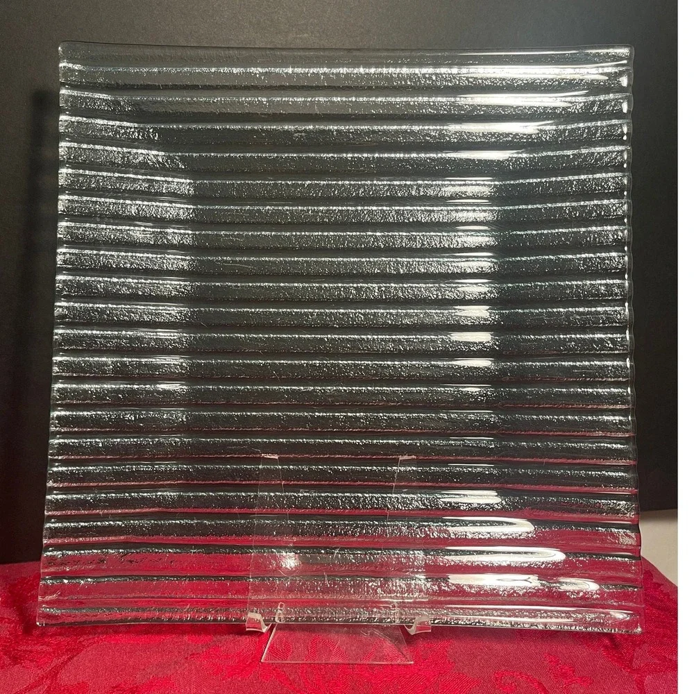 Vintage Mid Century Modern Ribbed Textured Square Clear Glass Plate Hand Blown